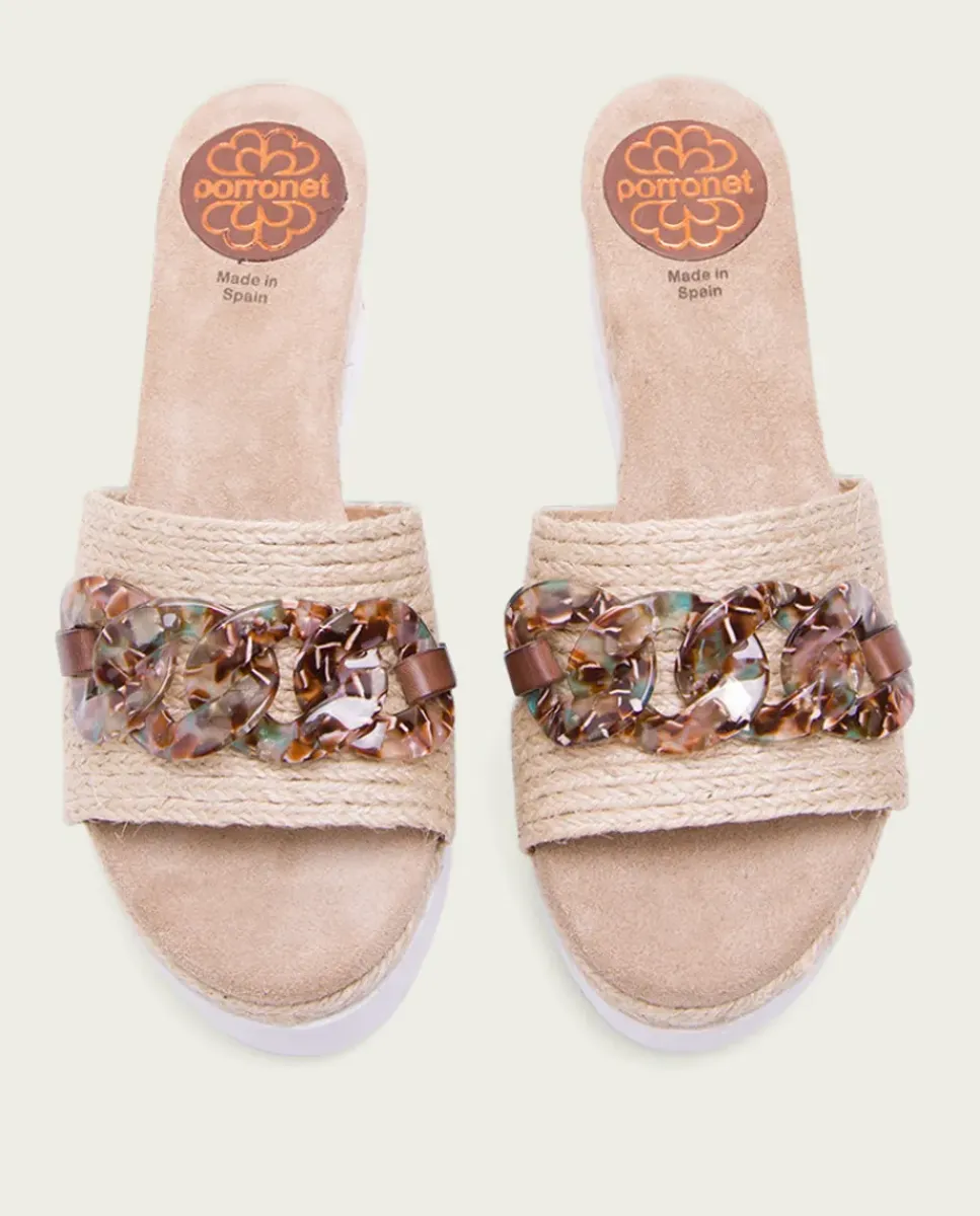 PORRONET Sandalias Cuña|Sandalia Cuña Rafia Marron Lua
