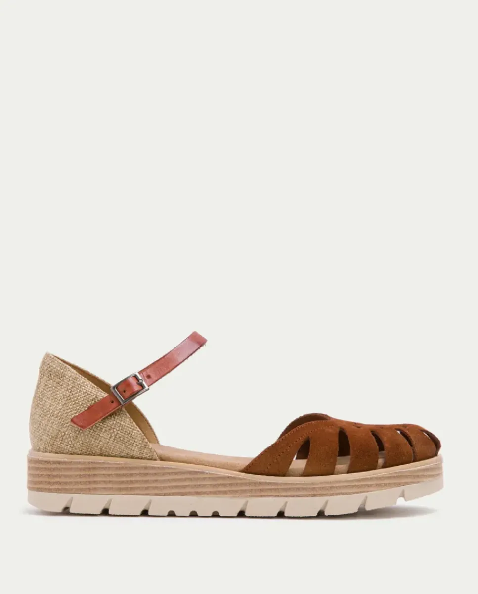 PORRONET Sandalias Cuña|Sandalia Cuña Serraje Cuero Bianca