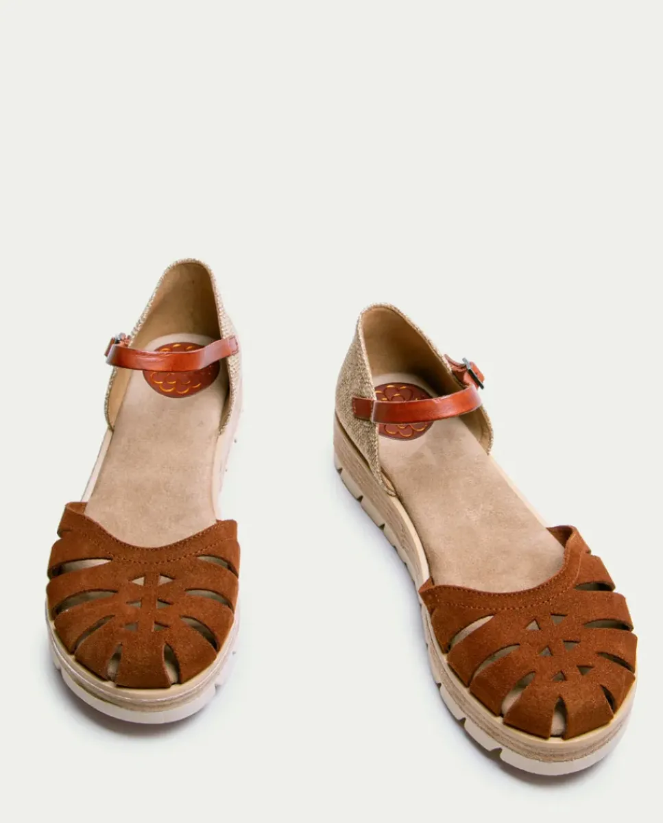 PORRONET Sandalias Cuña|Sandalia Cuña Serraje Cuero Bianca
