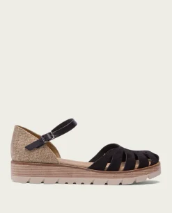 PORRONET Sandalias Cuña|Sandalia Cuña Serraje Negro Bianca