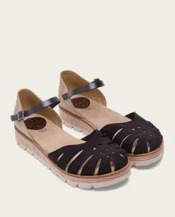 PORRONET Sandalias Cuña|Sandalia Cuña Serraje Negro Bianca