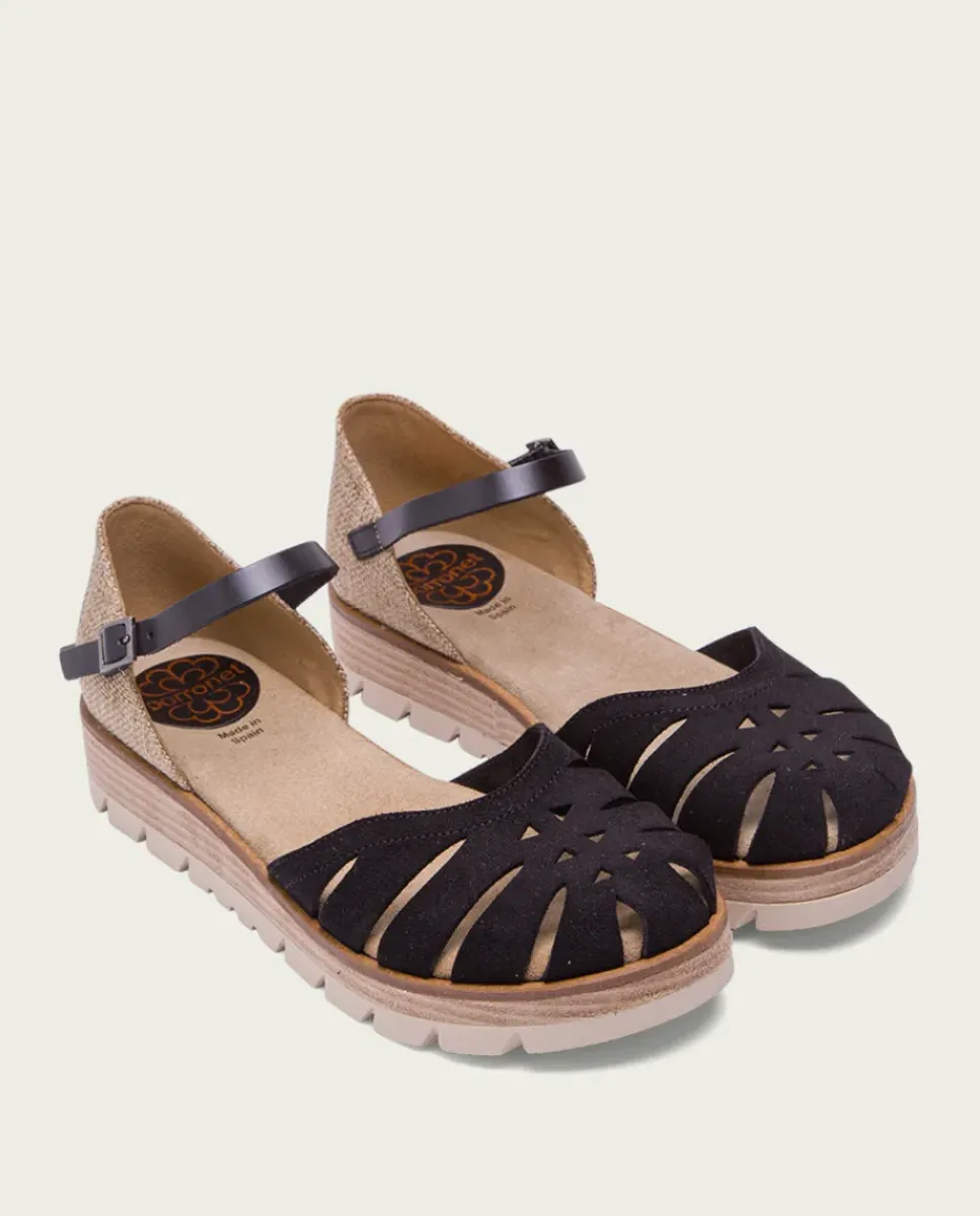 PORRONET Sandalias Cuña|Sandalia Cuña Serraje Negro Bianca