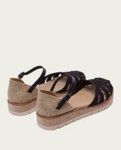 PORRONET Sandalias Cuña|Sandalia Cuña Serraje Negro Bianca