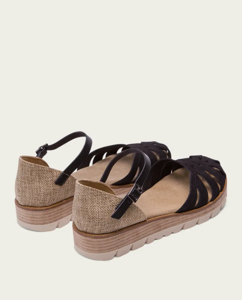 PORRONET Sandalias Cuña|Sandalia Cuña Serraje Negro Bianca