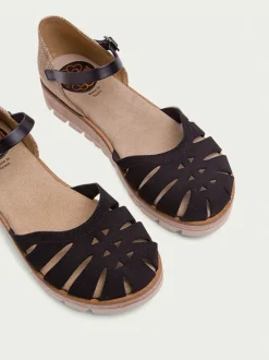 PORRONET Sandalias Cuña|Sandalia Cuña Serraje Negro Bianca