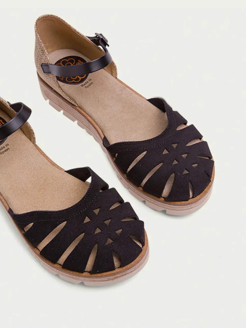 PORRONET Sandalias Cuña|Sandalia Cuña Serraje Negro Bianca