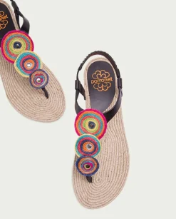PORRONET Sandalias Planas|Sandalia Plana Yute Y Piel Negro Mia