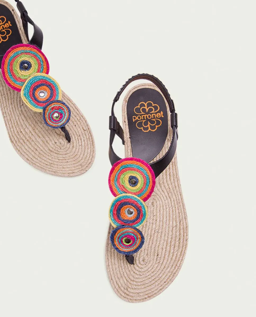 PORRONET Sandalias Planas|Sandalia Plana Yute Y Piel Negro Mia