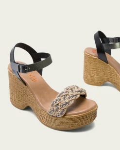 PORRONET Sandalias Cuña|Sandalia Tacón Alto Negro Plomo Raina