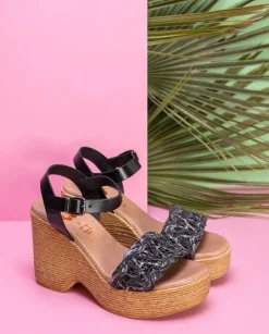 PORRONET Sandalias Cuña|Sandalia Tacón Alto Negro Mencia