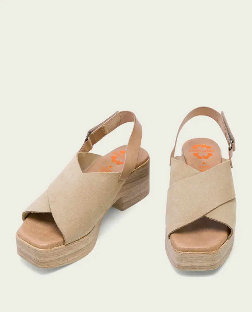 PORRONET Sandalias Tacón|Sandalia Tacón Bajo De Piel Taupe Vilma