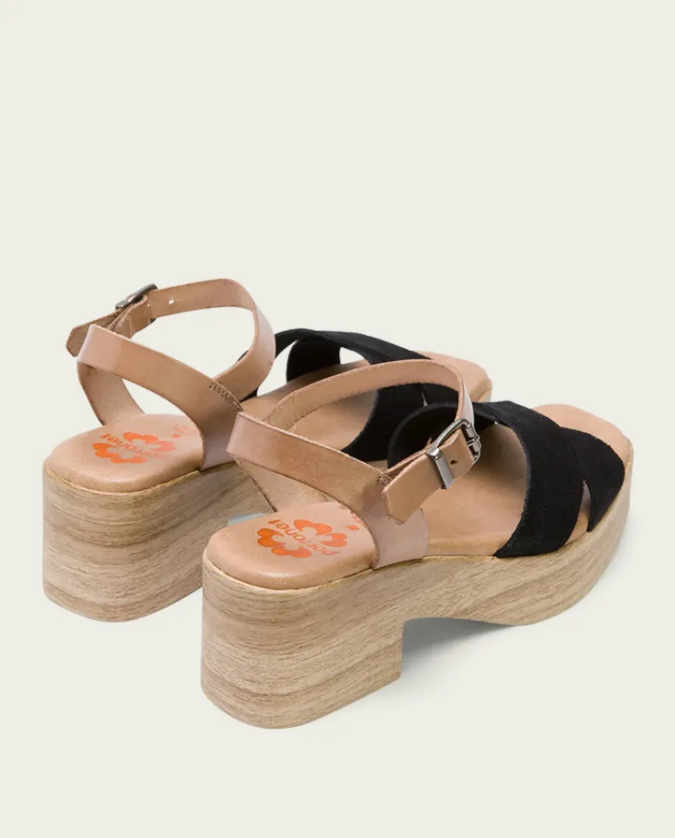 PORRONET Sandalias Tacón|Sandalia Tacón Bajo De Piel Taupe Negro Viviana