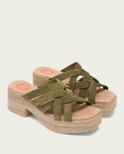 PORRONET Sandalias Tacón|Sandalia Tacón Bajo Piel Kaki Vicky