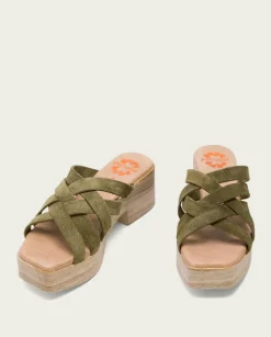 PORRONET Sandalias Tacón|Sandalia Tacón Bajo Piel Kaki Vicky