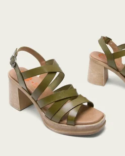PORRONET Sandalias Tacón|Sandalia Tacón Medio De Piel Kaki Nerea