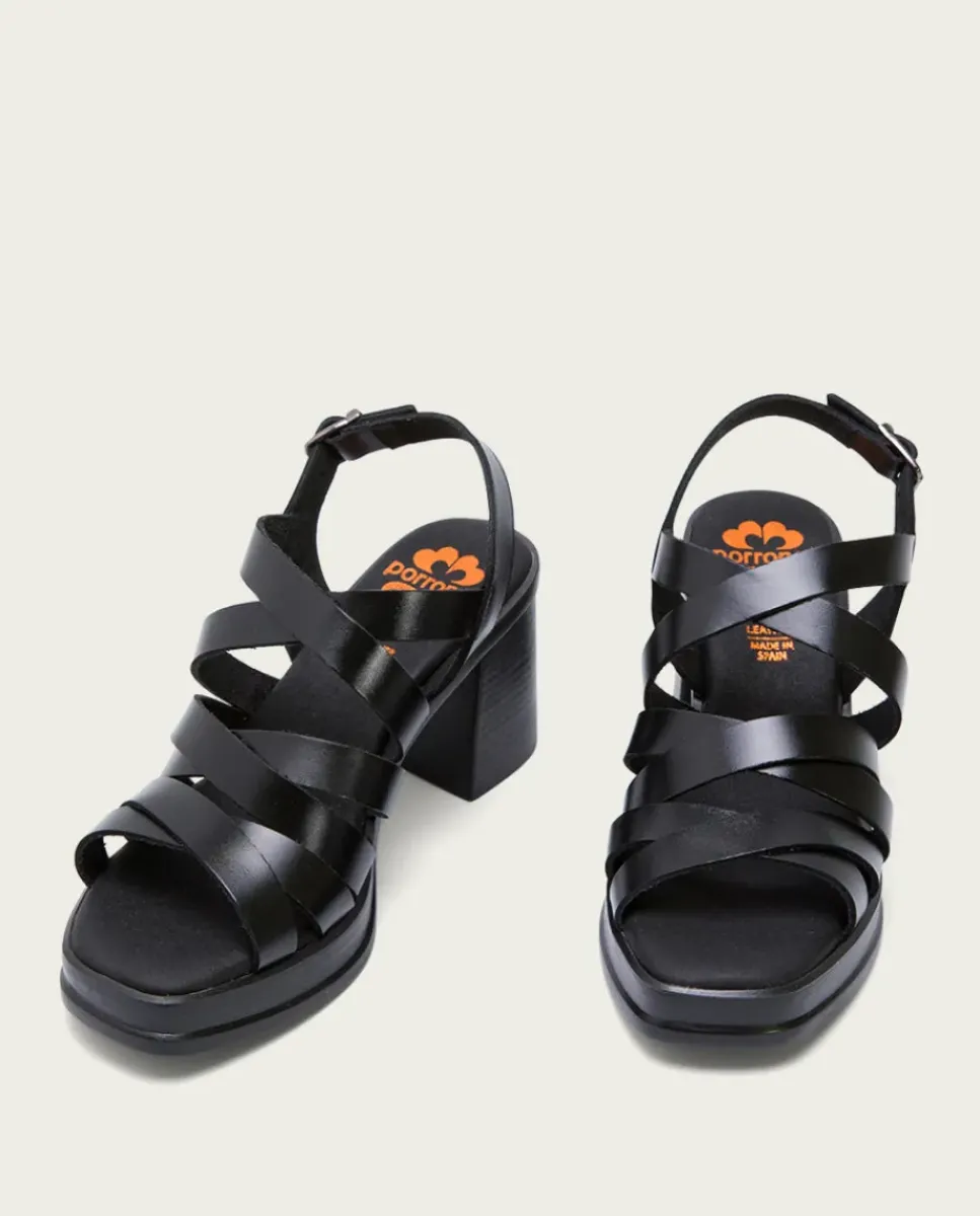 PORRONET Sandalias Tacón|Sandalia Tacón Medio De Piel Negro Nerea