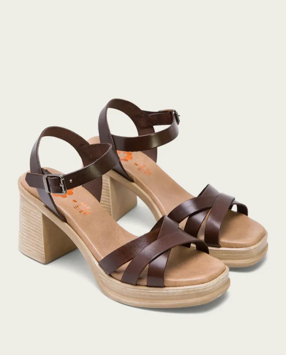 PORRONET Sandalias Tacón|Sandalia Tacón Medio De Piel Moka Nicole